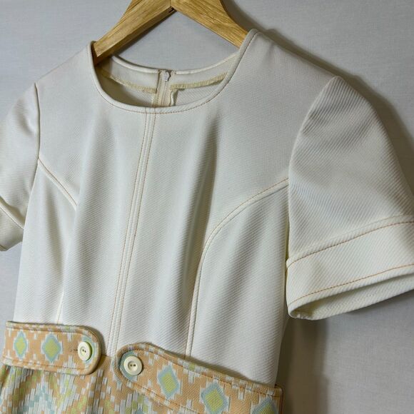 Vintage 60s-70s White Peach Aqua Diamond Print Belted SS Maxi Dress Size XS/S - Picture 4 of 15